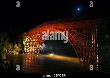 The Ironbridge, Shropshire at night with the River Severn in flood.  Copyright 2020 © Sam Bagnall Stock Photo