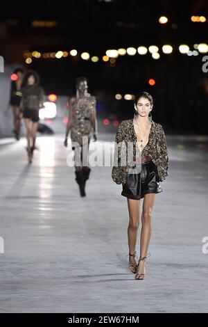 Model walking on the runway during the Yves Saint Laurent Ready to Wear  Spring/Summer 2020 show part of Paris Fashion Week on September 24, 2019 in  Paris, France. (Photo by Jonas Gustavsson/Sipa