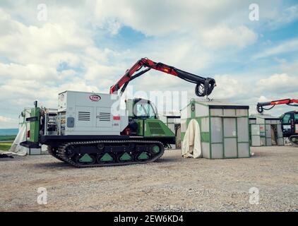 Bulgaria, Trapishte, MAY 7th, 2020: Welding tractor for automatic welding of pipes and welding tent on a site during the construction of South stream Stock Photo