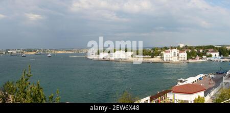 High angle view  from Crystal Cape towards  embankment of Artillery Bay, and warships at a distance in the main Sevastopol Bay on July 27, 2013, Crime Stock Photo