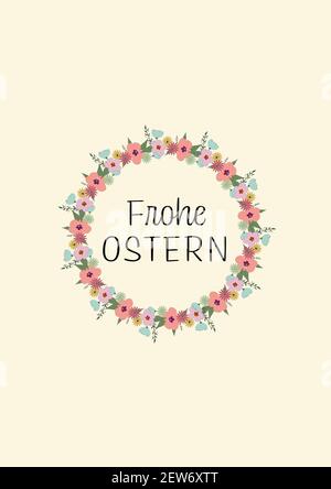 Frohe Ostern drawing with flowers and leafs, illustration happy easter in german Stock Photo