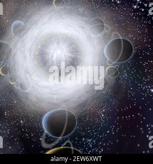 Man's silhouette in rays of light. Aura or Soul in tunnel of clouds in space. 3D rendering Stock Photo
