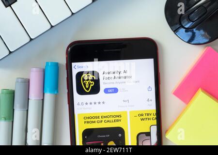 New York, USA - 2 March 2021: Avatarify: AI Face Animator mobile app icon on phone screen, Illustrative Editorial Stock Photo