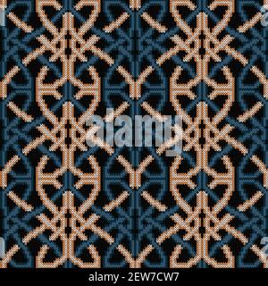 Ornate knitting seamless vector pattern in muted blue and beige hues on black background as a fabric texture Stock Vector
