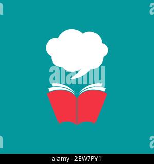 Open book with red book cover, white speech bubble and quote marks. Isolated on blue background. Flat reading icon. Vector illustration. quotation log Stock Vector