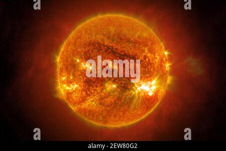 View of the Sun from space. The Sun is the star at the center of the Solar System. Sci-fi background. Elements of this image furnished by NASA. Stock Photo