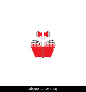 Audio book logo. red open book with headphones or headset on white background. Flat vector illustration. Internet education online logo. Study, learn Stock Vector