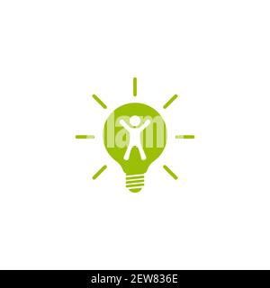 White silhouette of man in green shining bulb. New idea pictogram. Innovation, inspiration icon. Brain storm. Isolated on white. Vector illustration. Stock Vector