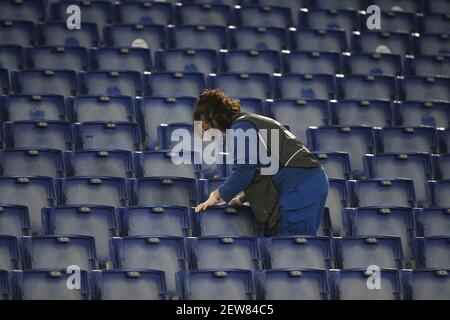 Rome, Italy. 02nd Mar, 2021. Rome, Italy - 02/01/2021: Cleaning ladies clean the stadium empty. The match was not played because 10 Torino players were affected by covid-19 coronavirus infection, Torino did not leave for Rome. at Olympic Stadium in Rome. Credit: Independent Photo Agency/Alamy Live News Stock Photo