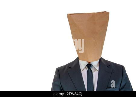 Man wearing a paper bag on his head out of embarrassment Stock Photo