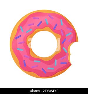 Bright bitten doughnut with pink glaze. No diet day symbol, unhealthy food, sweet fastfood, sugar snack, extra calories concept. Stock vector Stock Vector