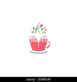 red open book as coffee cup with colorful drops flying out. reading club logo isolated on white background. Flat icon. Vector illustration. Creative, Stock Vector
