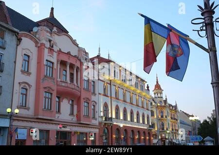 ORADEA, ROMANIA - AUGUST 01, 2015: elegant buildings and Grand Hotel Astoria, Art Nouveau and Viennese Secession architecture, in Ferdinand Square of Stock Photo