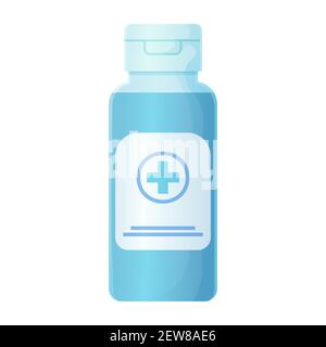 Hand antiseptic in blue bottle. Covid-19 sanitary, medcine sanitizer, antibacterial gel use concept. Stock vector illustration in cartoon realistic Stock Vector