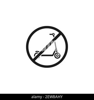 Black kick scooter or balance bike in red crossed circle icon. No push scooter s sign isolated on white. Vector illustration. Forbidden, unallowed tra Stock Vector