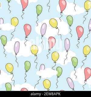 Seamless cute pattern with cartoon balloons of different bright colors flying in the blue sky with white clouds. Colorful Vector Illustration for Birt Stock Vector