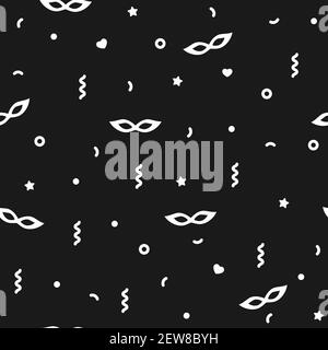 Masquerade white ornament with masks, stars and confetti on black background. Carnival, party, celebration pattern. Theater wallpaper Stock Vector