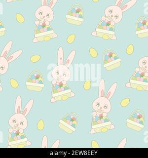 Seamless pattern withe cute pink Easter bunny with easter basket with eggs of different colors on turquoise background. Vector illustration. Good for Stock Vector