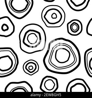 Seamless pattern with black shabby circles on white background. Kaleidoscope wallpaper. Decorative hand drawn ornament. Vector illustration. Ethnic st Stock Vector