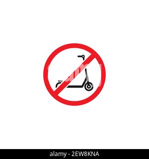 Black kick scooter or balance bike in red crossed circle icon. No push scooter s sign isolated on white. Vector illustration. Forbidden, unallowed tra Stock Vector