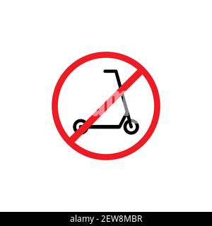 Black kick scooter or balance bike in red crossed circle icon. No push scooter s sign isolated on white. Vector illustration. Forbidden, unallowed tra Stock Vector