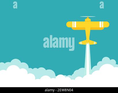 yellow retro airplane or aeroplane flies in sky with clouds. Flat old vintage aircraft. Vector wide background. Travel, transportation. Start up, laun Stock Vector