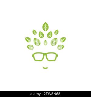 Green silhouette of man's head in hipster glasses with leaves in hair and plastic free motto. avatar with trees and text. Ecology, eco friendly. Go gr Stock Vector