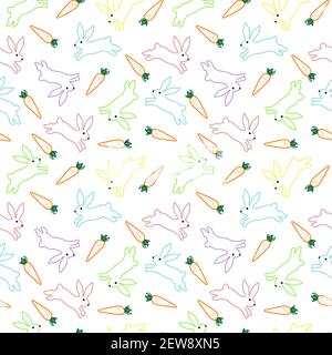 Pattern with multi-colored easter bunnies and carrots. Stock Vector