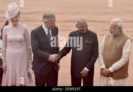 NEW DELHI, INDIA - NOVEMBER 7: President of India Ram Nath Kovind (2R) with Prime Minister of India Narendra Modi (R) welcome the King Philippe (2L) and Queen Mathilde of Belgium(L) during Ceremonial Reception at Rashtrapati Bhawan in New Delhi, India on Tuesday, November 07, 2017.( Photo by Sonu Mehta/Hindustan Times/Sipa USA )