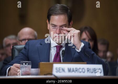 UNITED STATES - NOVEMBER 08: Sen. Marco Rubio, R-Fla., is seen during a Senate Homeland Security and Governmental Affairs Committee confirmation hearing for Kirstjen Nielsen, Homeland Security Department secretary nominee, in Dirksen Building on November 8, 2017. Rubio and Sen. Rob Portman, R-Ohio, introduced Nielsen. (Photo By Tom Williams/CQ Roll Call)