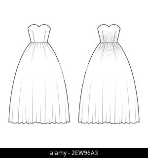 Set of Crinoline dresses technical fashion illustration with strapless sweetheart neckline, long floor length, full skirt, embellishment motif. Flat front, white color style. Women unisex CAD mockup Stock Vector