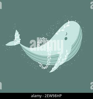Cute whale with floral elements around. Childish hand drawn vector illustration. Stock Vector