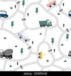 City map pattern with roads, cars, trucks, trees, traffic lights and crosswalks. Childish hand drawn Scandinavian style vector illustration. Stock Vector