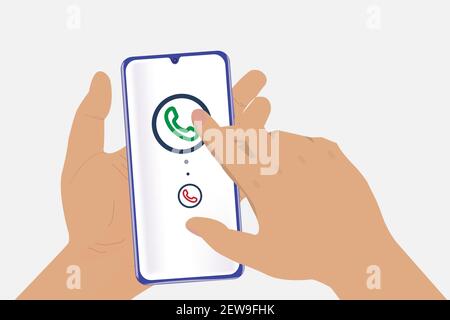 Hands hold the phone and answer the phone. Stock Vector