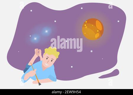 The child lies and draws space and planets. Stock Vector