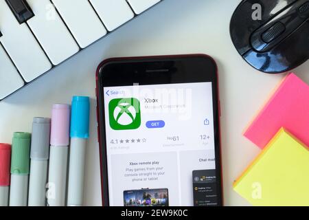 New York, USA - 2 March 2021: Xbox mobile app icon on phone screen, Illustrative Editorial Stock Photo