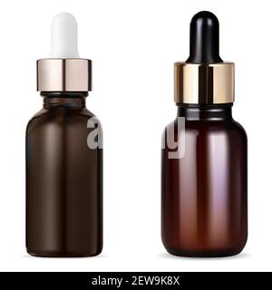 Tincture bottle. Cosmetic serum dropper, essential oil brown glass bottle. Apothecary container amber eyedropper blank, vector illustration on white b Stock Vector