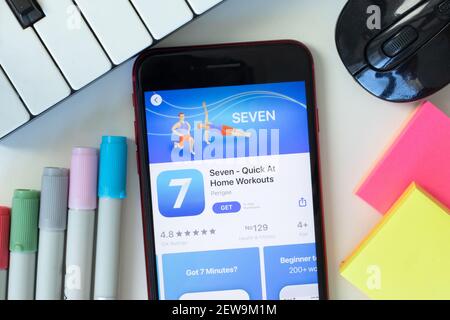 New York, USA - 2 March 2021: Seven - Home Workouts mobile app icon on phone screen, Illustrative Editorial Stock Photo
