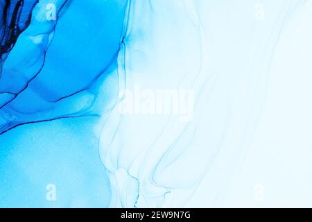 Closeup of blue and white alcohol ink abstract contemporary texture. Mixing acrylic paints. Watercolor pattern of the painting for your design project Stock Photo