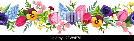 Vector horizontal seamless border with red, pink, blue, purple and yellow tulips, pansies, anemones, hyacinth and cherry flowers. Stock Vector