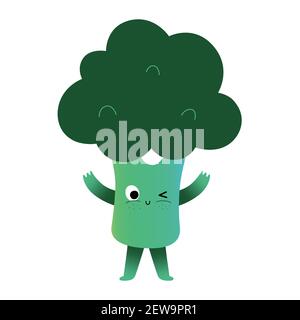 Cute broccoli character, green healthy eating for kids, kawaii cartoon vegetable creature with funny face expression, vector illustration isolated on Stock Vector