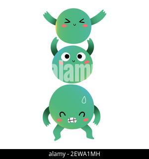 Cute green peas characters, sweet pea vegetable mascots, kawaii cartoon veggies with funny face expression, vector illustration isolated Stock Vector