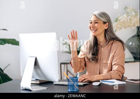 Friendly mature gray-haired woman communicate by video call on computer, waves hand, greeting colleagues, works from home. Smiling middle aged businesswoman talking by video conference, online virtual Stock Photo