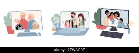 Cartoon flat happy family characters on screen of video messenger set,vector illustration Stock Vector