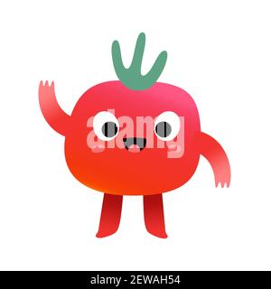 Cute tomato character, sweet cherry tomato vegetable, kawaii cartoon mascot with funny face expression waving hello, vector illustration isolated on Stock Vector