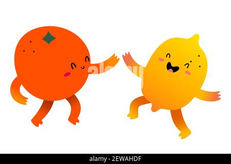 Cute orange and lemon fruit characters dancing holding hands having fun, happy kawaii cartoon characters with face expressions isolated on white Stock Vector