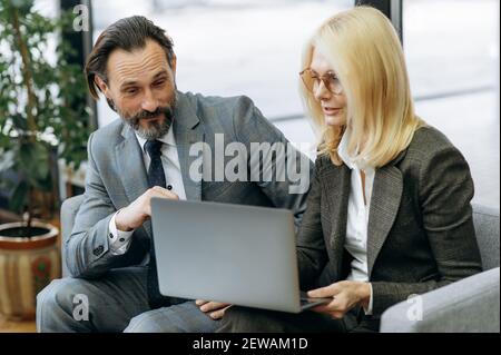 Busy office employees are sitting on sofa, using laptop, working together on project. Successful business partners discussing ideas for startup, browsing internet, teamwork concept Stock Photo