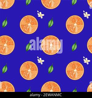 Orange and leaves vector pattern on blue background Stock Vector