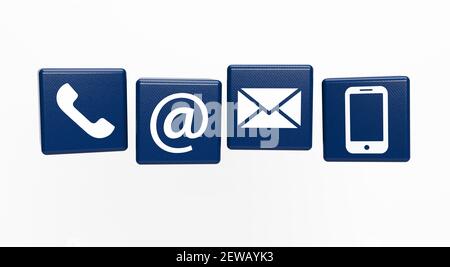 Blue flying dice with contact support service icons 3D rendering Stock Photo