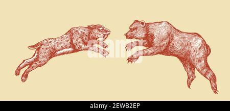 Cave bear and Saber toothed tiger or cat or Smilodon. Extinct brown animal. Animal fight or attack in the wild. Vintage retro vector illustration Stock Vector